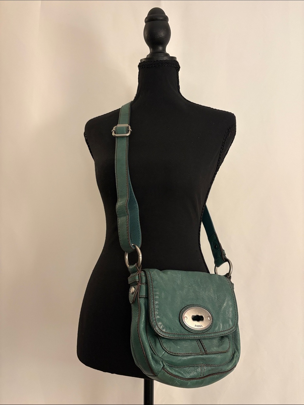 Fossil Green Leather Crossbody Saddle Bag